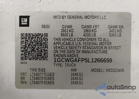 2020 Chevrolet Express Cargo Rwd 2500 Regular Wheelbase Wt z USA, uszkodzony, nr VIN 1GCWGAFP5L1266659